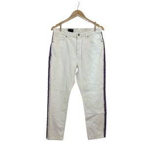 Monki White Mid-Rise Jeans With Red white blue braid, moluna, 32